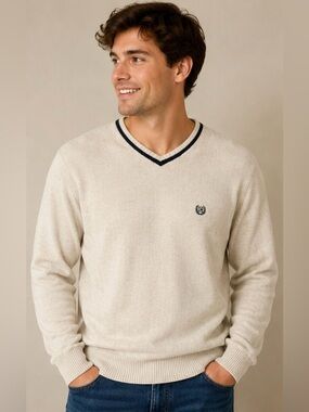 Chaps Ralph Lauren Men’s Large V-Neck Cotton Sweater Beige Herringbone Knit